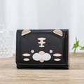Short black trifold cat wallet for women with cute animal pattern and card slots - Black