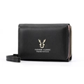 Portefeuille court en cuir PU noir pour femmes avec boucle cerf dorée et dragonne - Noir