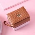 Three-fold quilted brown women's short wallet with V-logo, wrist strap and zipper pocket - Coffee
