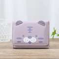 Cute lavender cat-shaped tri-fold wallet for women with decorative 3D ears and stitching - Purple