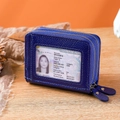 Blue lychee leather wallet with double zippers, RFID blocking, and clear ID window - Blue