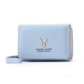 Short light blue PU leather wallet for women with golden antler logo and wrist strap - Blue