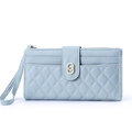 Light blue quilted long wallet for women with gold double ring buckle and wrist strap - Blue