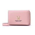 Pink PU leather mini wallet with gold deer head emblem and zipper closure strap - Pink