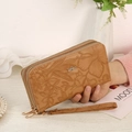 Cartera larga elegante en cuero PU marrón claro con relieve floral y doble cremallera - Caqui