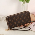 Portefeuille long vintage marron à monogramme avec double zip et dragonne amovible - Café Foncé