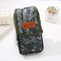 Detail of digital camouflage canvas phone holster with SLDR leather logo patch for belt - 18cm Vertical Style - Blue