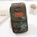Detail of tactical digital camouflage canvas phone pouch with leather SLDR logo patch - 18cm Vertical Style - Beige
