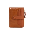 Brown faux crocodile leather short wallet with multiple card slots and metal zipper pocket - Brown