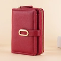 Deep red lychee texture fashion wallet with golden ring buckle and zipper closure - Wine Red