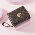 Brown trifold wallet with M-letter monogram print, gold logo, and wristlet strap - Coffee