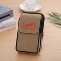 Khaki canvas belt waist bag with multi-layer zippers and sporty patch for 7-inch phones - 3-Layer Vertical Beige