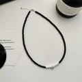 Minimalistische 925 Silber Halskette mit schwarzen Onyxperlen und Silberperlenanhänger - Schwarze Onyx-Rundperlen (19TL11) / 925er Silber