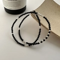 Collar de cuentas de ónix negro con dijes de plata grabada y cadena de cierre ajustable - Estilo de Cuentas de Ágata Negra (19TL33) / Plata 925