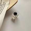 S925 Sterling Silber Ring mit Wellenstruktur und rundem schwarzen Achatstein, verstellbar - Einstellbar Offen / Schwarzer Achat S925 Silber (JZA048)