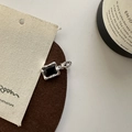 Vintage S925 silver necklace with square black zircon pendant and wavy metal texture - Rectangular Black Stone Pendant (DZ007)