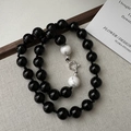 S925 sterling silver beaded necklace with black agate and white turquoise stones - Black Round Beads (14TL11) / Black