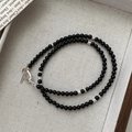 Collar de doble capa con cuentas negras de plata S925 y cierre de barra en T moderno - Estilo de Cuentas de Ágata Negra (20TL45) / Plata 925