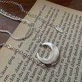 S925 sterling silver double-layer moon pendant necklace on vintage book pages - 925 Silver / Silver (XLT044)