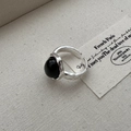 S925 sterling silver ring with black onyx stone and handcrafted wavy texture - Adjustable Open Style (JZA038) / Silver