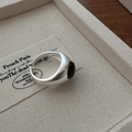 Minimalist S925 sterling silver matte ring with oval black onyx stone on jewelry tray - Adjustable Open / Black Agate Style (JZF046)