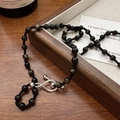 Handcrafted S925 sterling silver black obsidian long sweater chain with retro woven cord - 925 Silver / Silver