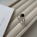 Minimalistischer S925 Silberring, zweilagig offen, mit einer schwarzen Achat-Perle - Einstellbar Offen / Silber
