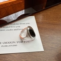 S925 Sterling Silber Ring mit mattem Finish und ovalem schwarzem Achat-Stein - Einstellbar Offen / Mattsilber Schwarz (JZF047)