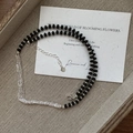 S925 sterling silver multi-layer necklace with black agate beads and heart pendant - Short Style / 925 Silver