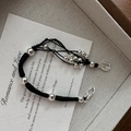 Handcrafted minimalist black braided rope bracelet with polished silver metal beads - 925 Silver / Black