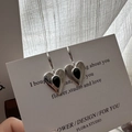 Elegant S925 silver heart earrings with black onyx drop on a white display card - Silver Black Onyx Heart Style (EHR038) / 925 Silver