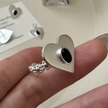 S925 sterling silver heart ring with matte finish and oval black onyx gemstone - Adjustable Open / Matte Heart Black Stone (JZA077)