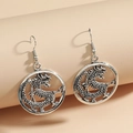 Vintage silver hollow dragon earrings in a circular frame with intricate oriental design - Steel Color Earrings