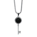 Mens silver titanium key pendant necklace with black gemstone and Roman numerals - Steel