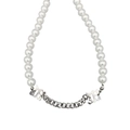 Detail of pearl necklace with silver chain and Gothic style metal letter B charms - White Pearl Stitching Necklace
