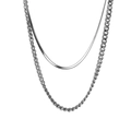 Detail of layered titanium steel snake bone chain and curb chain with silver finish - Silver Double Layer