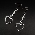 Y2K punk style silver barbed wire heart drop earrings with gothic chain and fishhook - Long Barbed Wire Heart (Silver 1) / Silver