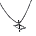 Detail of a minimalist geometric pendant with silver rectangular frame and black vertical line - Titanium Steel Necklace / Black (Box Chain)
