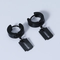 Detail view of black punk razor blade earrings featuring stainless steel metal finish - Gun Black Earrings