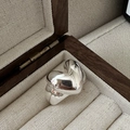 Polished S925 sterling silver heart ring displayed in a vintage wooden jewelry box - Adjustable Open / Silver (JZX035)