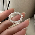Bague élastique minimaliste en argent S925 avec perles blanches et bille d'argent - Ouvert Réglable / Style Accent Perle Argentée (F Style 23JZ43)