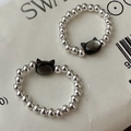 S925 Sterling Silver cat shell beaded elastic ring with iridescent cat head charms - Adjustable Open / Black Cat Head Style (30JZ51)