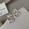 Minimalist S925 sterling silver square earrings with hammered irregular texture - Silver Square Wrinkled Style (EHZ057) / 925 Silver