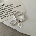 S925 sterling silver ring with flower and crystal charms on a white ceramic plate - Adjustable Open / Silver Flower Double Pendants (32JZ12)