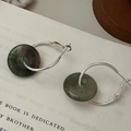 Minimalist S925 sterling silver hoop earrings with vintage green jade pendant on a book - Green (23ES54)