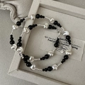 Collana in argento sterling S925 con perle occhio di gatto e onice nero su vassoio gioielli - Argento 925 / Onice Nero Occhio di Gatto Perlato (37TL25)
