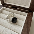 Anello S925 in argento a doppia fila di perline con gemma nera in stile vintage - Stile Sfaccettato Irregolare Nero (32JZ22)