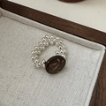 Anello elastico con perline in argento S925 e ciondolo in cocco dallo stile retrò - Stile Texture Naturale Marrone Scuro (32JZ22)