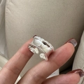 Anillo ancho de plata de ley S925 pulida con bordes pavimentados de circonitas brillantes - Abierto Ajustable / Estilo Pulido Cóncavo (JZH099)