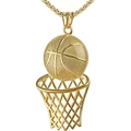 Golden basketball hoop pendant necklace with textured ball and box chain for hip hop style - Basketball Rim Pendant / Gold